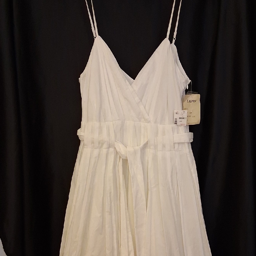 Classic White Cotton Lapis Strap Midi Dress W Underskirt & Belt Waist 32" NWT